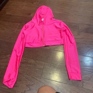 New Mix Hot Pink Neon Hooded Fitted Athletic Zip Up Cropped Jacket Size L/XL